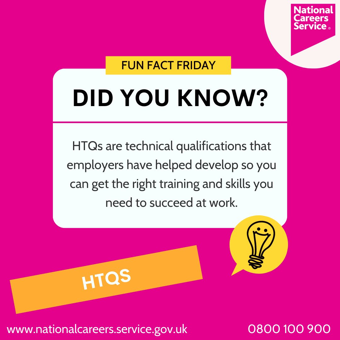 NationalCareers's tweet photo. #FunFactFriday ๐ก
HTQs are an alternative to apprenticeships or degrees. They may suit you if you want a more practical, employer-led study programme.
Find out more here ๐
https://t.co/uronVyJ16N
#GetTheJump #HTQs https://t.co/yjv8bbQx3A
