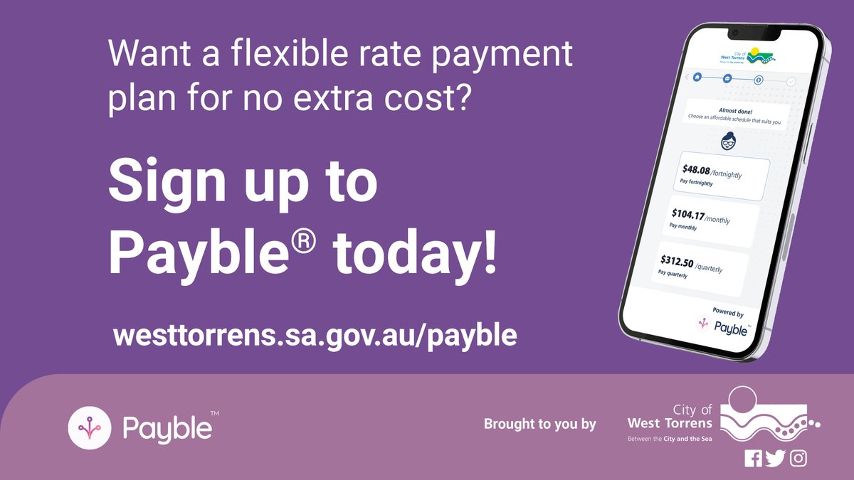 We have introduced Payble® to help you avoid 'bill shock' by allowing you to pay your rates in smaller amounts, more regularly. 

Look out for the QR Code on your upcoming rates notice or find out more via bit.ly/3Y3FSQd