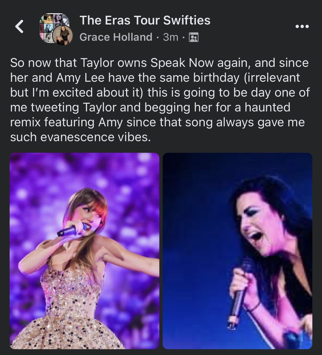 AfterMyMidnight's tweet photo. #dayone of asking for a haunted remix featuring Amy Lee @taylorswift13 @taylornation13 @evanescence https://t.co/kD81x4XAsF