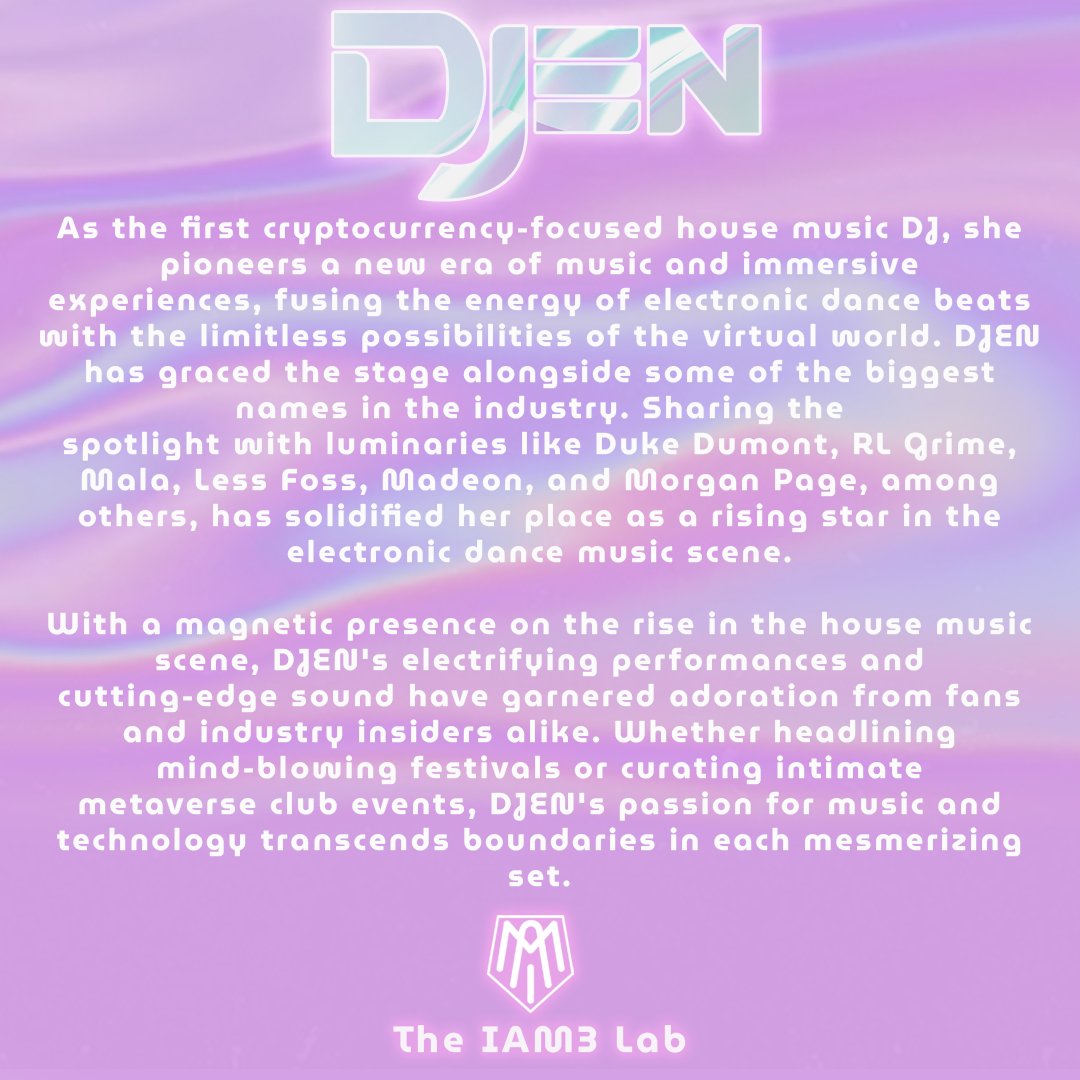 🎉Mark your calendars, this Sunday at 9PM EST, join the digital dance party with <a href="/DJen/">DJen</a>.io 🎧💥 With a rep for igniting the metaverse with her music, she's earned her stripes alongside industry titans like <a href="/DukeDumont/">DukeDumont</a> &amp; <a href="/RLGrime/">RL GRIME</a> 🎵💫