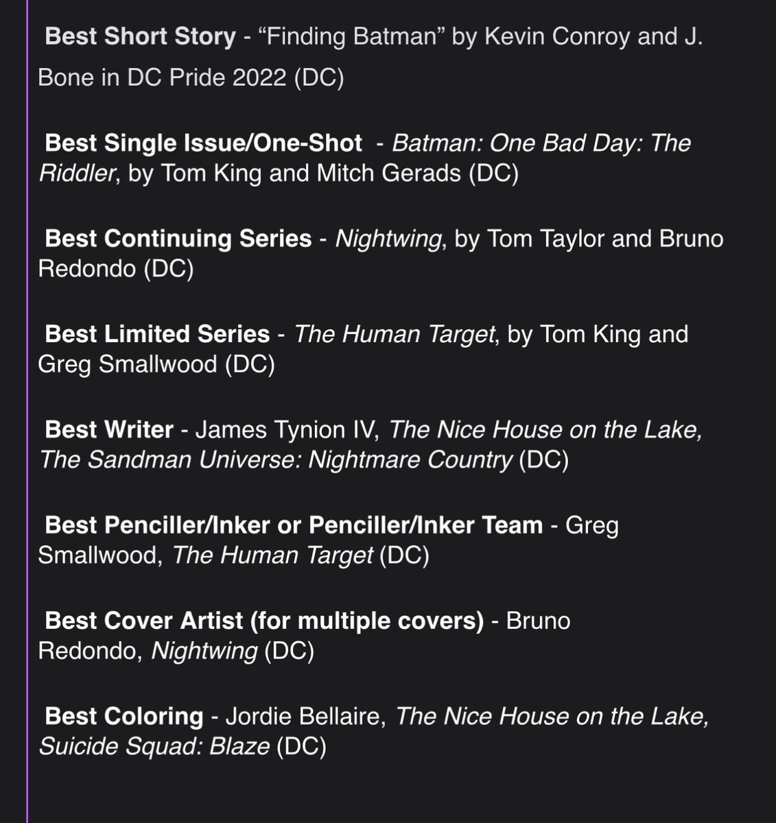 JamesGunn's tweet photo. Congrats to all the folks at @DCOfficial comics who won more Eisner Awards than any other comics publisher. The winning writers &amp; artists include: https://t.co/sfvSG4JbAF