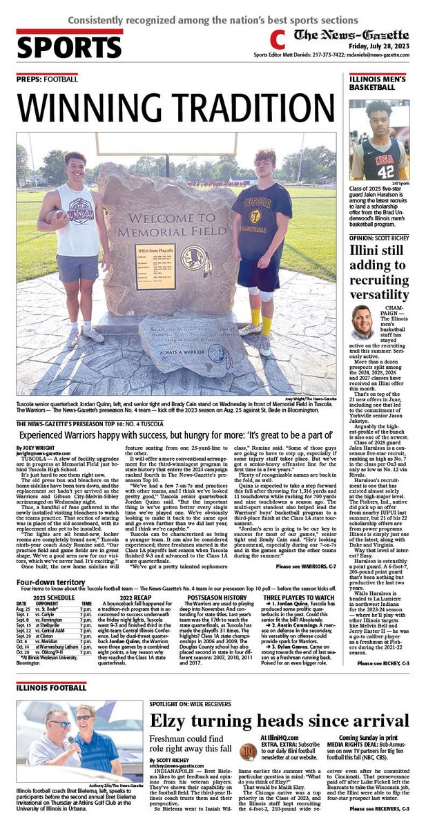 Friday's N-G sports cover features @JoeyWright2000 on @Tuscolafootball as our No. 4 preseason team, plus @srrichey on #Illini basketball recruiting and freshman wide receiver Malik Elzy making an impression. @APSE_sportmedia Sign up for our newsletter: bit.ly/3M9lNU4