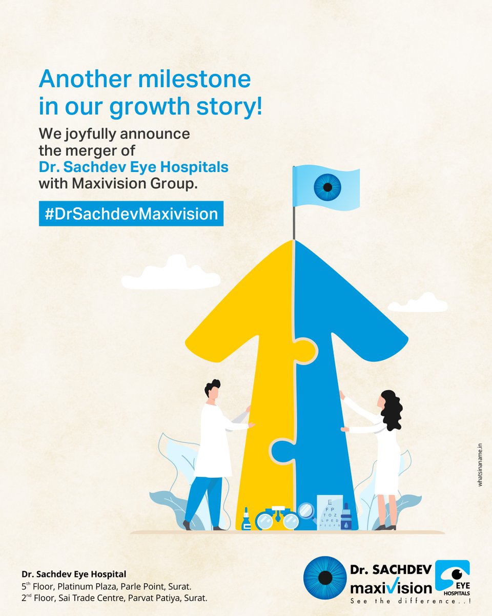 MaxivisionEye's tweet photo. We are extremely happy to announce the merger of Dr. Sachdev Eye Hospitals, Surat with the Maxivision Group. With this, we will be able to expand our scope of world-class and affordable eyecare in Gujarat.
#Maxivision #MaxivisionEyeHospital #DrSachdevaMaxivision #Eyecare #Merger https://t.co/yNzOUS1Vrq