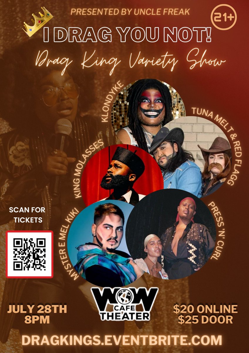 Friday night, Drag Kings slay <a href="/wowcafetheatre/">WOW Café Theatre</a> July 28th 8PM!
Dragkings.eventbrite.com