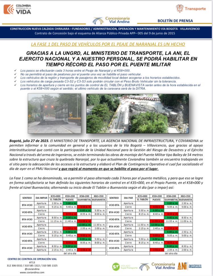 CoviandinaSAS's tweet photo. Boletín de prensa: Gracias a la UNGRD, al Ministerio de Transporte, la ANI, el Ejercito Nacional y a nuestro personal, se podrá habilitar en tiempo récord el paso por el puente militar. https://t.co/U4Gj3kAxaX