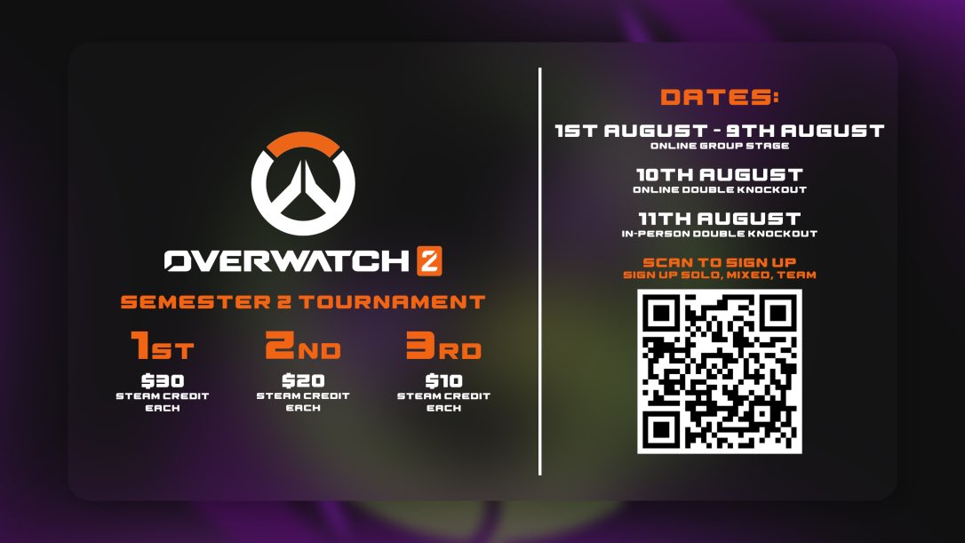 Auckland University Esports Club (@akluniesports) on Twitter photo Overwatch 2 Tournament!🤩
Ruleset below:
docs.google.com/document/d/18k…
Teams of 5 + sub
Signup solo, up to 6, or as a full stack
Dates provided in graphic below!
For any queries, please message <a href="/Rhinbo/">Lach ROuse</a> on discord
Signups close Tuesday August 1st 11:59PM
forms.gle/SZt5YqpywieGd8… Overwatch 2 Tournament!🤩
Ruleset below:
docs.google.com/document/d/18k…
Teams of 5 + sub
Signup solo, up to 6, or as a full stack
Dates provided in graphic below!
For any queries, please message <a href="/Rhinbo/">Lach ROuse</a> on discord
Signups close Tuesday August 1st 11:59PM
forms.gle/SZt5YqpywieGd8…