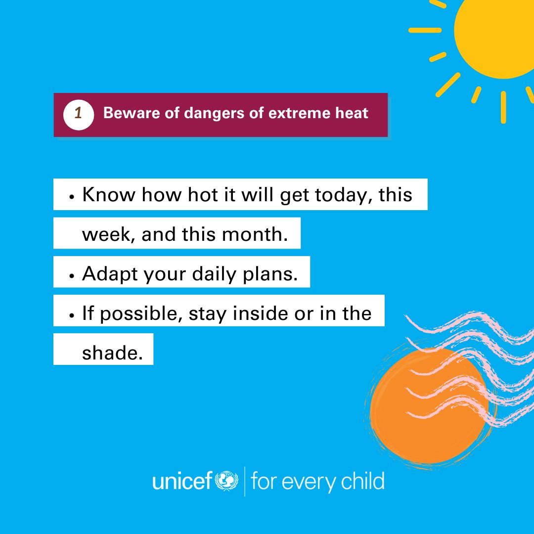 UNICEF's tweet photo. In extreme heat conditions, children are more at risk than adults.

Want to make sure they are better prepared and protected on hot days?

These tips will help you👇 https://t.co/svWG9X9EtN