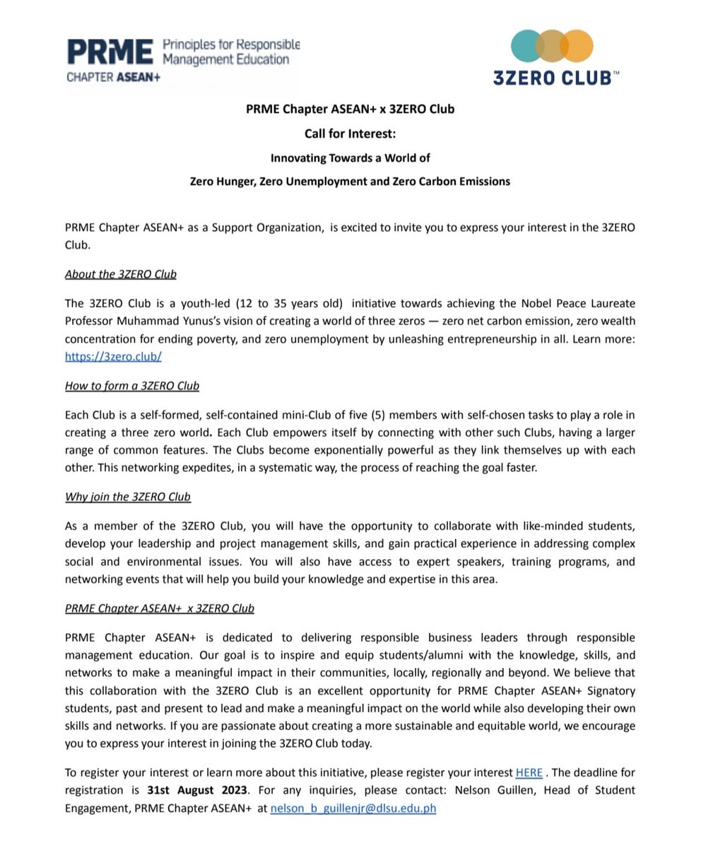 Calling all youth! If you are interested in creating meaningful societal impact and a world of 3ZERO, join us! 
<a href="/3zeroClub/">3ZERO Club</a>
<a href="/PRMESecretariat/">PRME Secretariat</a>
