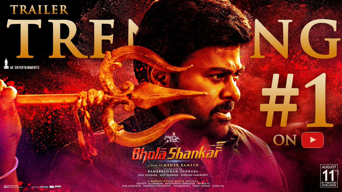 Youtube Bowing down to the Mega Master💥💥💥

#BholaaShankar 🔱 Trailer Trending #1 with blazing responses 🔥

- youtu.be/W3EC1fx1Yqg

In Theatres August 11th,2023 ❤️‍🔥

Mega 🌟 <a href="/KChiruTweets/">Chiranjeevi Konidela</a> 
A film by <a href="/MeherRamesh/">Meher Raamesh</a>
<a href="/AnilSunkara1/">Anil Sunkara</a> <a href="/tamannaahspeaks/">Tamannaah Bhatia</a> <a href="/KeerthyOfficial/">Keerthy Suresh</a> <a href="/iamSushanthA/">Sushanth A</a>