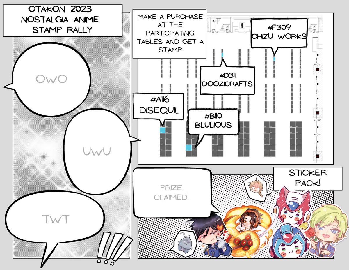 #OTAKON anime nostalgia stamp rally! make a purchase at all participating tables for a stamp; collect all stamps to get a free sticker pack (i drew the fma ones lol 🔥) participating artists: @blulious @chizu_baga @dooziCrafts @disequil #OTAKON2023