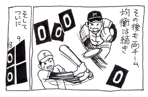 過去のらくがきコーナー。
野球漫画でよくある試合を省略するコマ。 