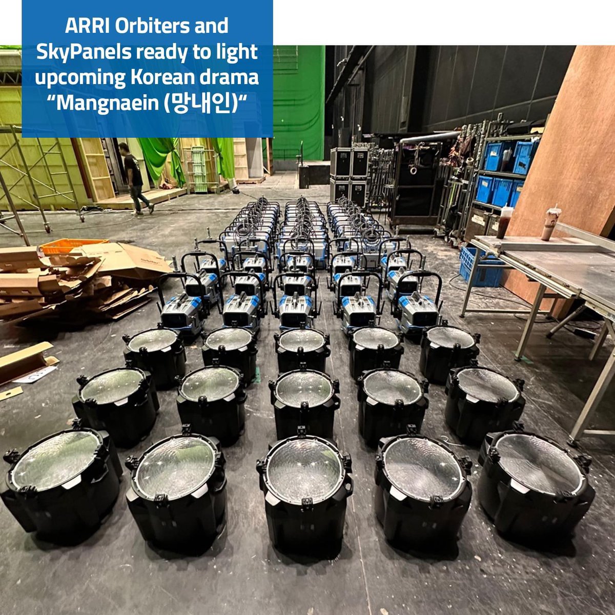 “15 sets of Orbiter with Fresnel lens 15-65° and 30 sets of SkyPanel S60-C lined up and ready to light Korean TV broadcaster JTBC's upcoming drama 'Mangnaein <망내인>'