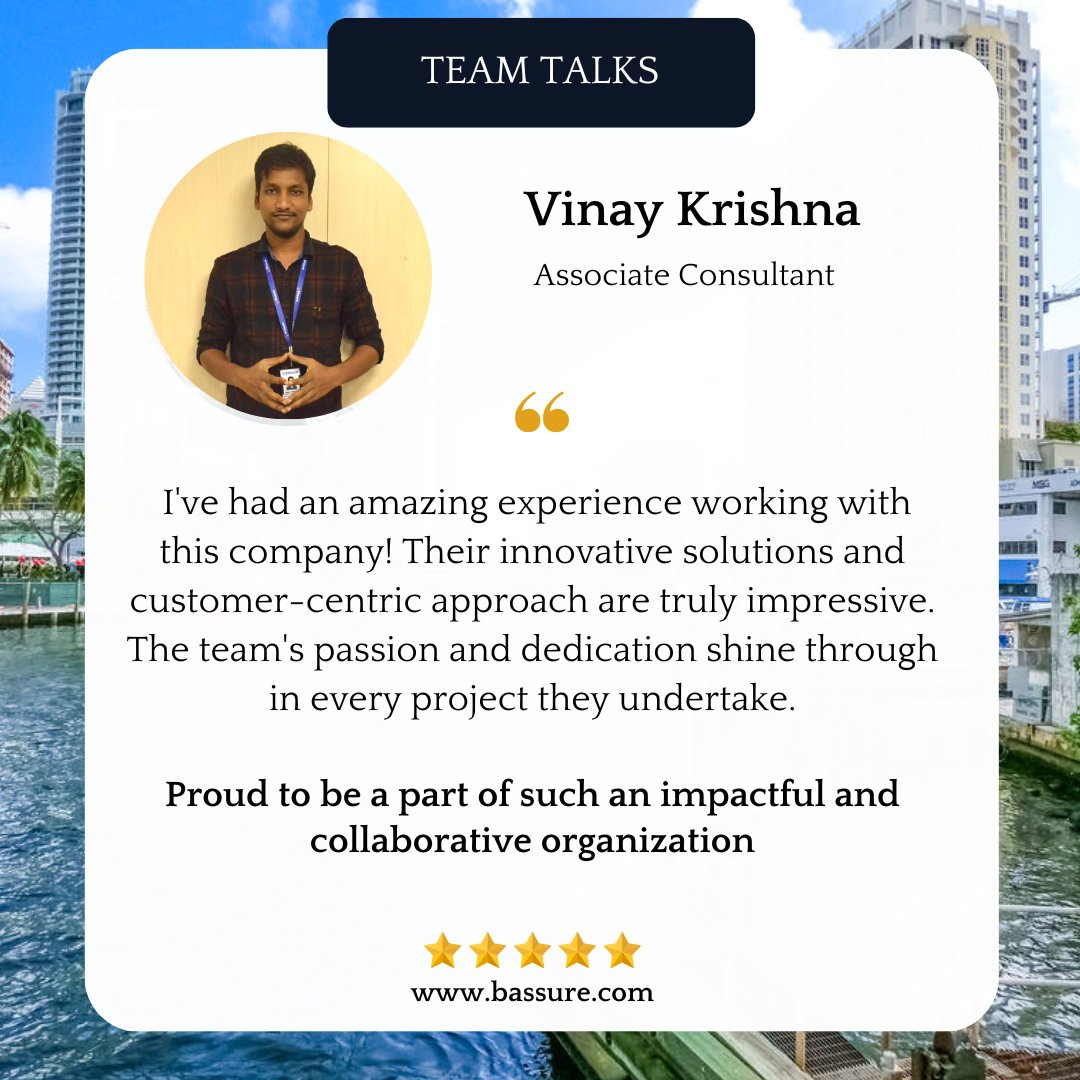 BAssureSolution's tweet photo. Team Talks - What We Love About The Company

Here is what - Vinay Krishna, our Associate Consultant has to say about our company.

#teamtalks #teambonding #employeesatisfaction #BAssure #dreamteam #companyvalues #employeeexperience #BAssuresolutions https://t.co/zYvwT6qWqD