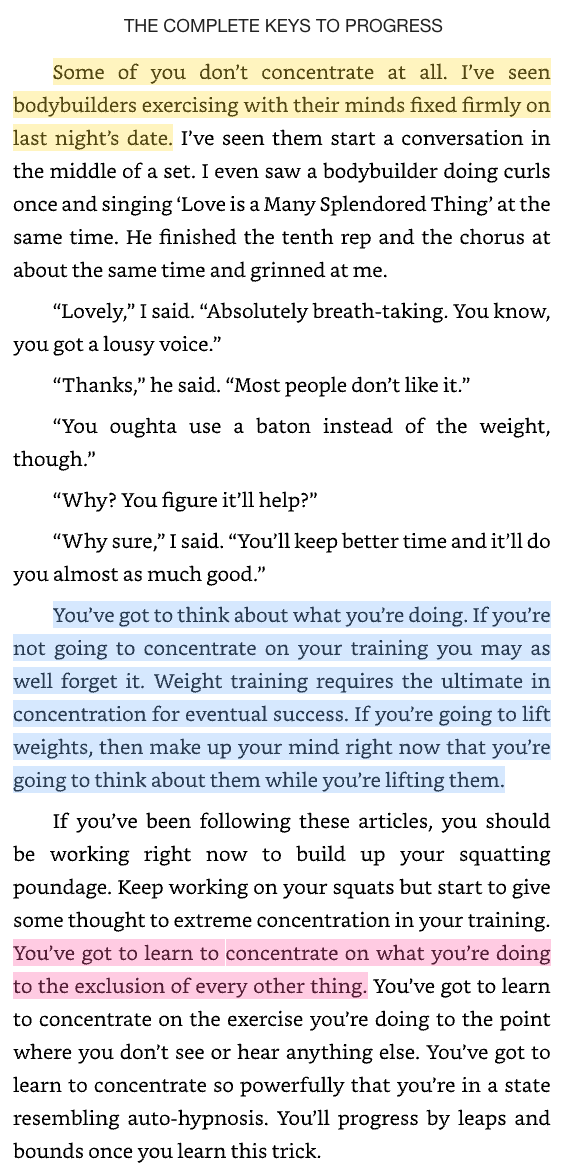 activerecall's tweet photo. Combining 2 things from @thesamparr solo episodes:
• He loves unconventional books
• He doesn't miss workouts

And he loves good, clear, sometimes old-timey writing. 

So here's a passage about concentration from a 1960s book about fitness: https://t.co/j8B6Mc144H