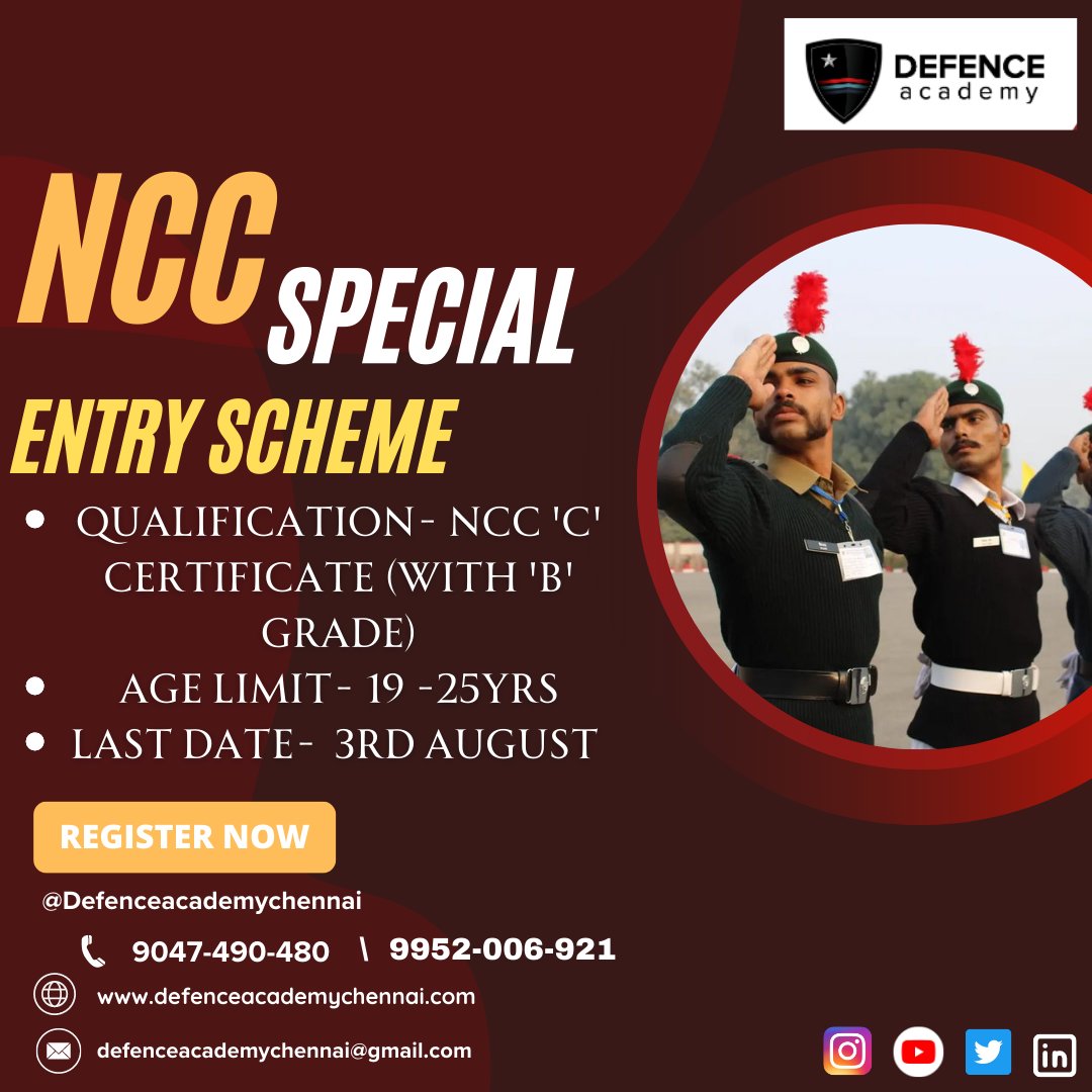 Surendren_A's tweet photo. #ANNOUNCEMENT

#SpecialEntryScheme for #NCC cadets is open till August 3, 2023
Register @Defence Academy Chennai to know more. 

#IndianArmy
#IndianNavy
#AirforceIndia
#NDA #AFCAT #CDSIMA #CDSOTA 
#JaiHind https://t.co/6VD48acIKb