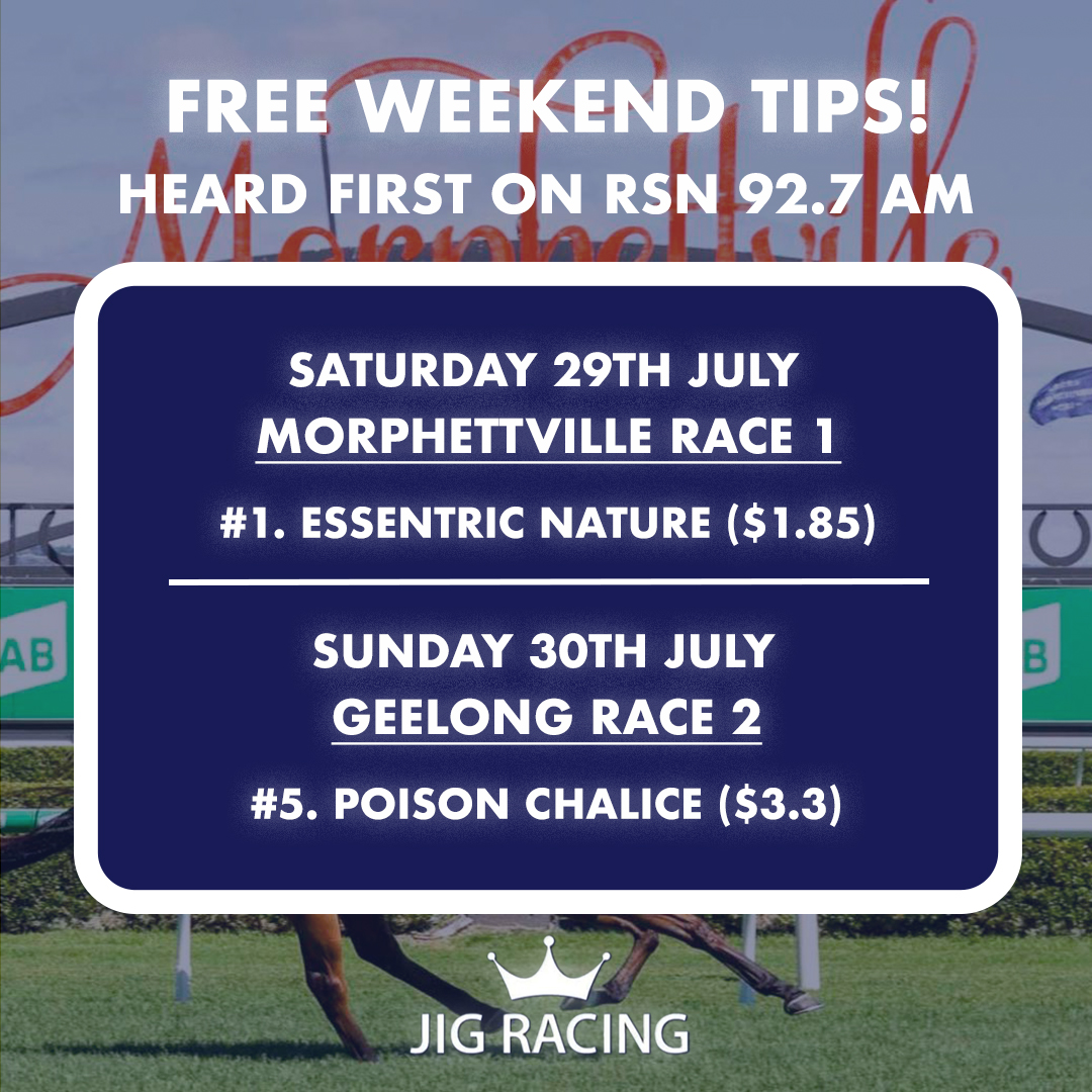 FREE WEEKEND TIPS 
As heard first on RSN, here are Jig's tips for Morphettville and Geelong this weekend! We went 2 from 3 on RSN last week and we are hotttt 🔥

Download our app here: linktr.ee/jigracing

#JigRacing #FreeTips #FreeHorseRacingTips