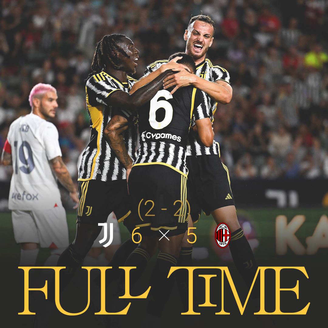 juventusfc's tweet photo. Prima amichevole, prima vittoria ✅

Dopo il 2-2 superiamo il Milan ai rigori: decisivo quello di Soulé con un super Pinso!

#JuveMilan https://t.co/anPJMaE6xG