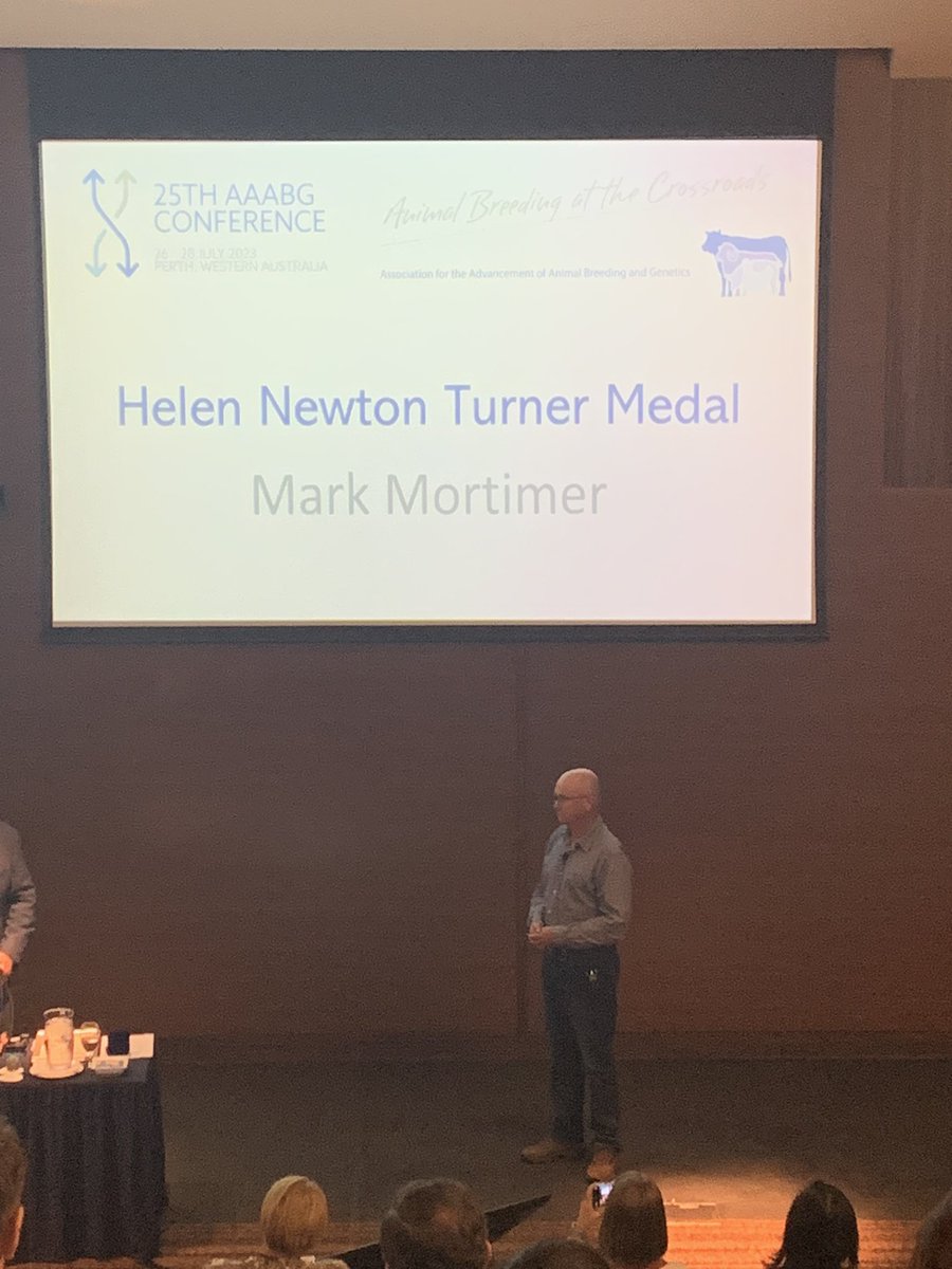 AGBU_GENE's tweet photo. The Helen Newton Turner Medal is awarded to the @sheepGeekCP. Congratulations Mark Mortimer very well deserved. #aaabg2023 @meatlivestock @nswdpi @UniNewEngland https://t.co/cn6AZVQycZ