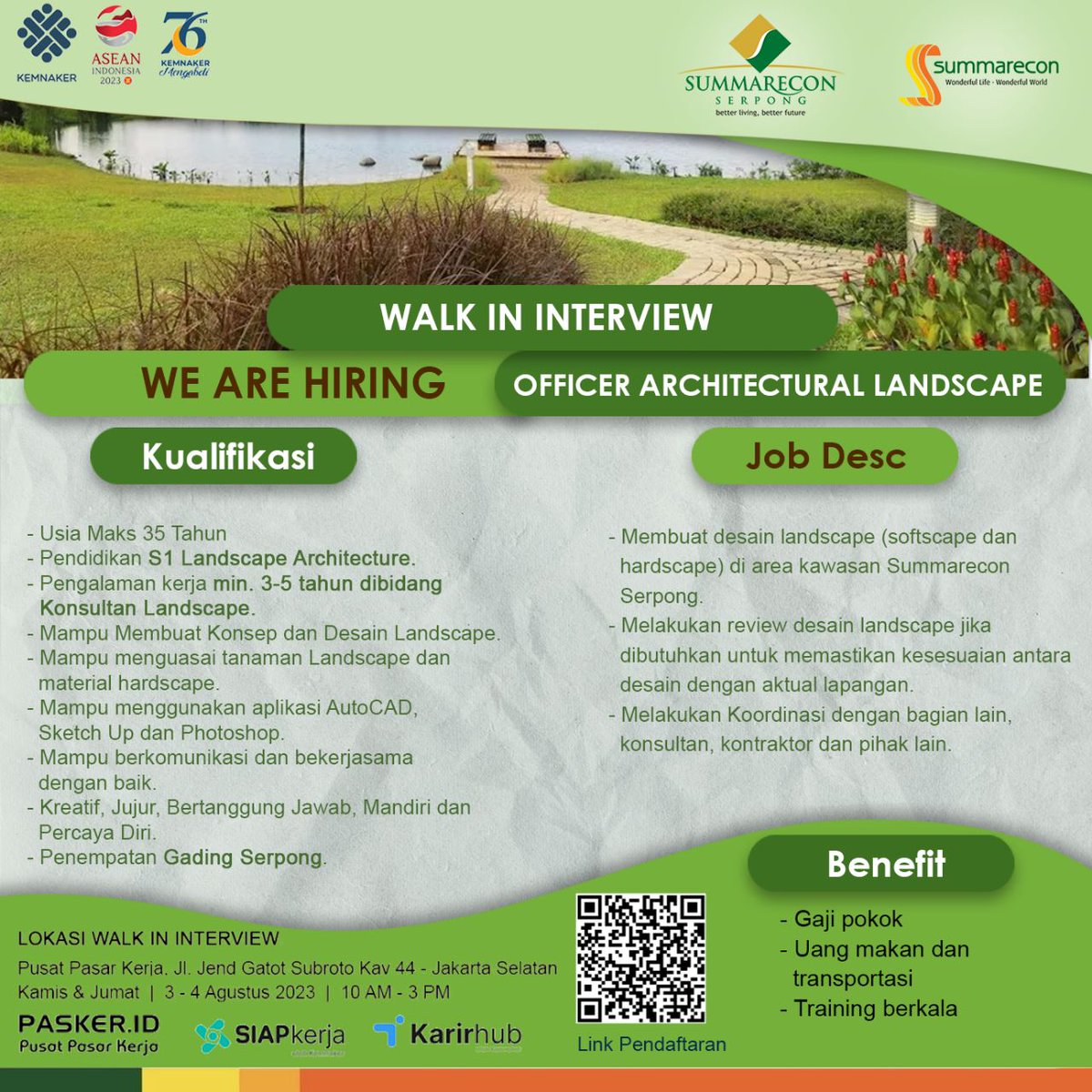 Halo Jobers...!!
PT. Serpong Cipta Kreasi Summarecon Group membuka lowongan Officer Architectural Landscape dengan benefit yang fantastis!

Langsung scan barcode untuk mendaftar Walk In Interview di Pusat Pasar Kerja, 3-4 Agustus 2023, dari jam 10.00 hingga jam 15.00 WIB.