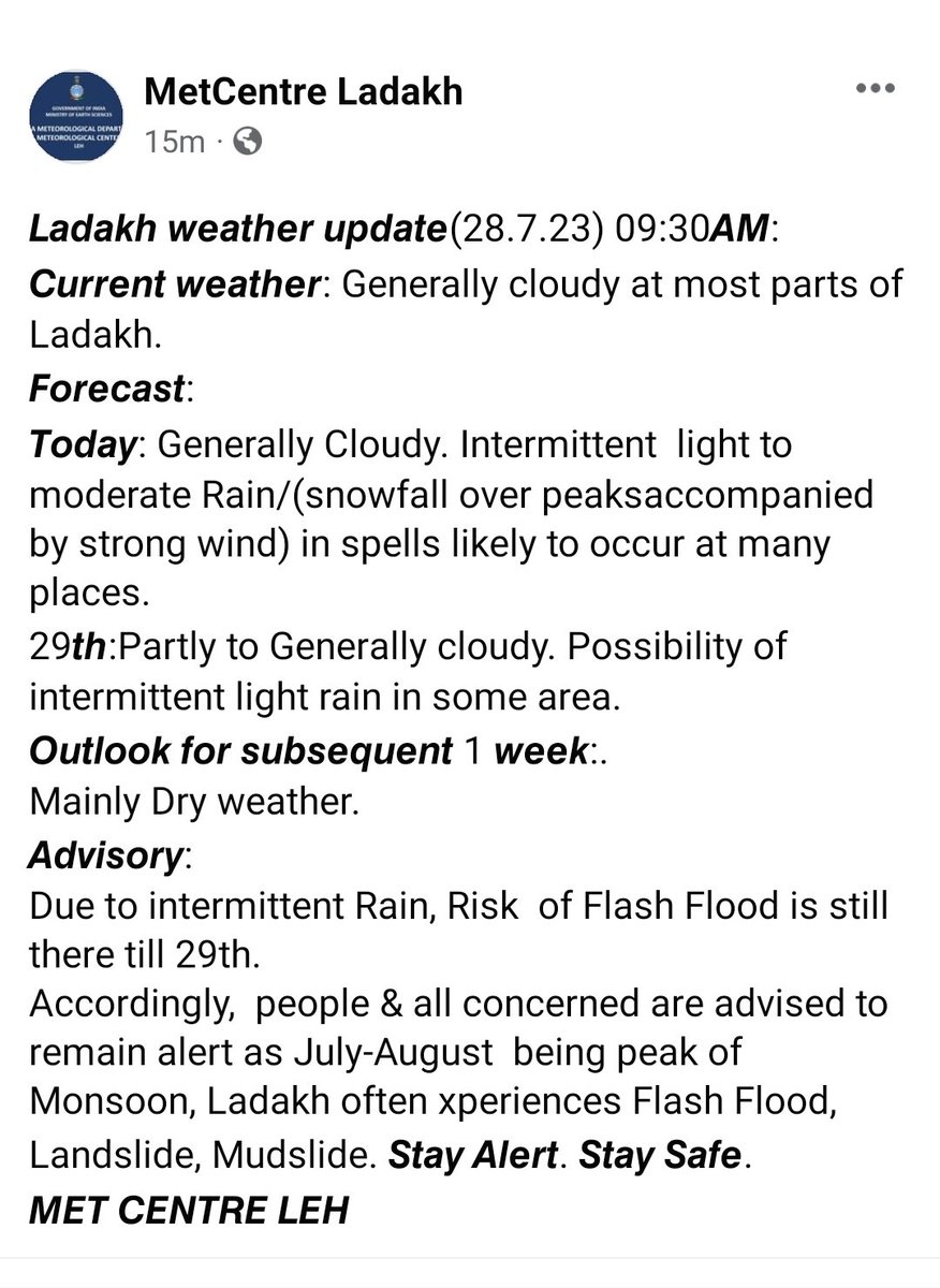 metcentreleh's tweet photo. Weather Update Ladakh(28.7? 23) 10AM:
Today &amp; tomorrow, weather likely to remain cloudy with possibility of intermittent rain/snow(over peaks) 
Overall, improvement from 30th onwards till nxt spell. 
@DIPR_Leh @DIPR_Kargil @ndmaindia @Indiametdept https://t.co/8s8hEveteb