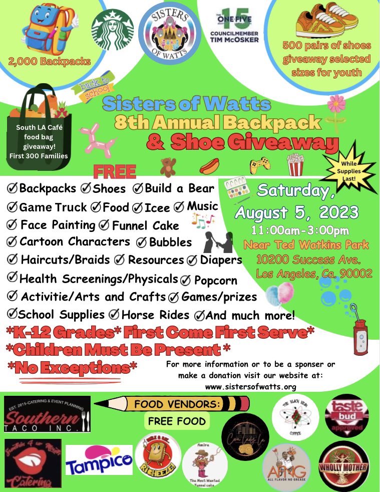 sistersofwatts's tweet photo. 8-5-23 #sistersofwatts free back to school event in #Watts https://t.co/UvT3PvjyUy
