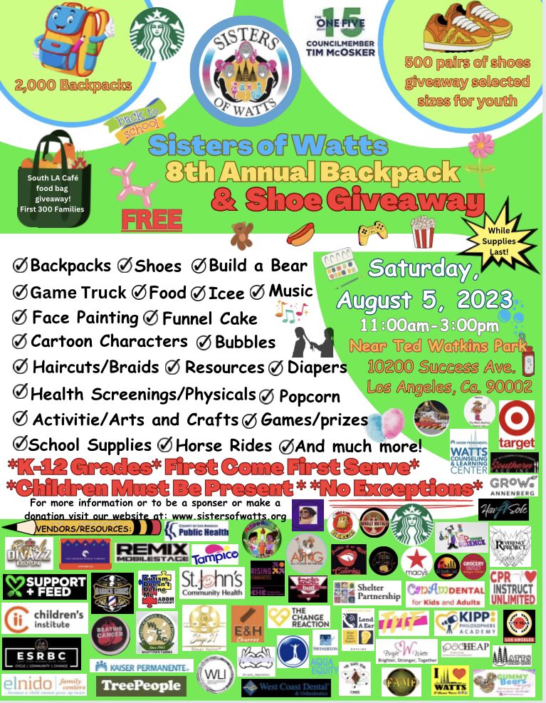 sistersofwatts's tweet photo. 8-5-23 #sistersofwatts free back to school event in #Watts https://t.co/UvT3PvjyUy