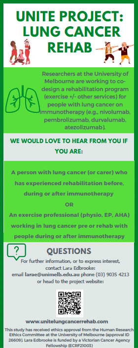 UNITE study co-design project - we are still recruiting exercise professionals working with Australians with #lungcancer on #immunotherapy - please consider participating and sharing this ad with your patients unitelungcancerrehab.com