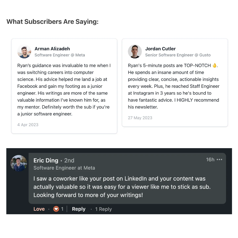 ryanlpeterman's tweet photo. I grew from Junior (L3) to Staff Engineer (L6) in 3 years at Meta and write a newsletter about software eng career growth.

I put together a free PDF guide on how to grow to IC6 in 3 years that new subscribers get in my welcome email: