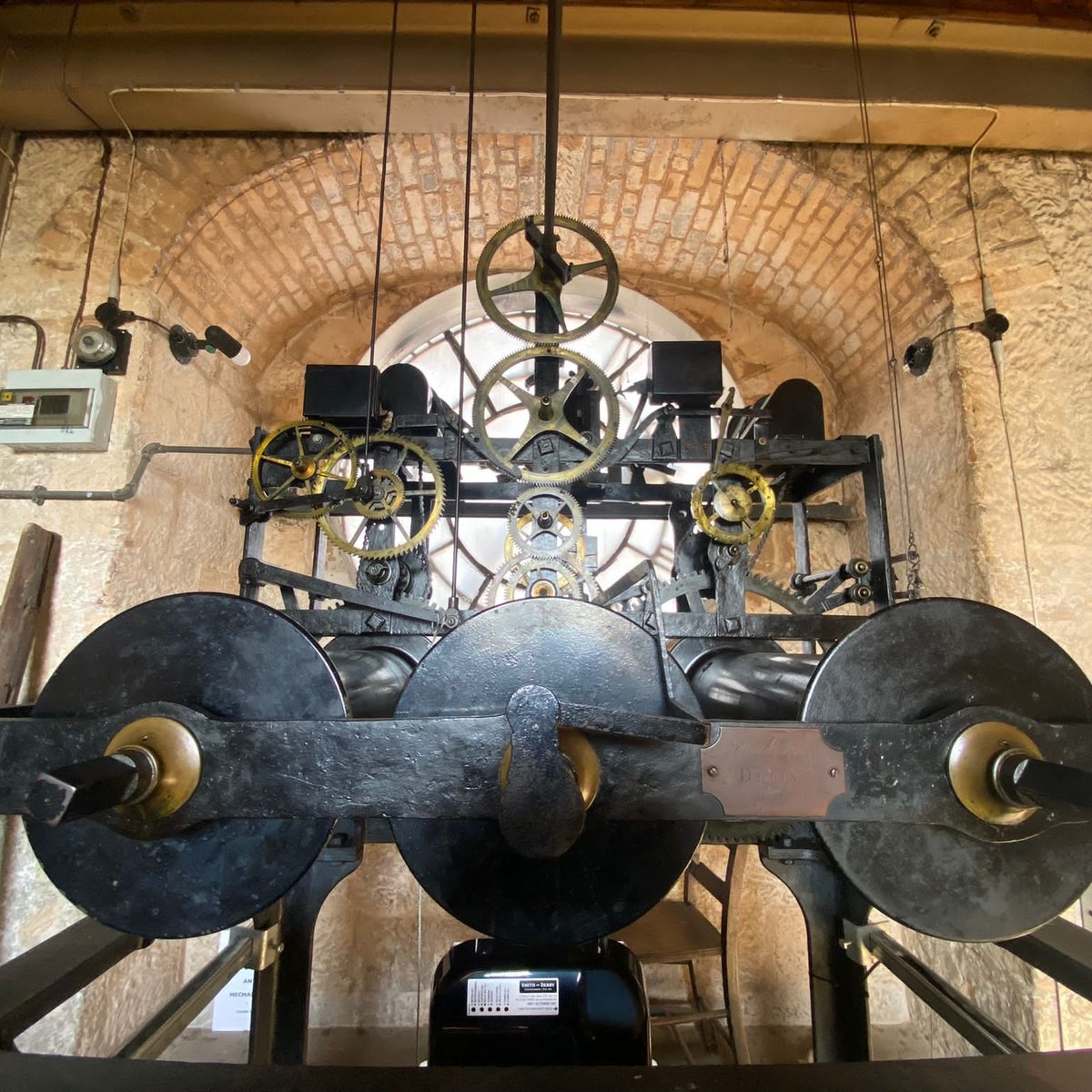 SmithofDerby's tweet photo. The 1785 Clock at St Modwens Church, Burton on Trent⁠
⁠
2 x 9ft illuminated cast Skeleton dials, black and gold.⁠
With a 16 Hammer Carillion.
⁠
#1785 #stmodwenschurch #clockservice #clockserviceuk #burtonontrent #clockmaintenance #mechanicalclock⁠ https://t.co/yS4AvT5erN