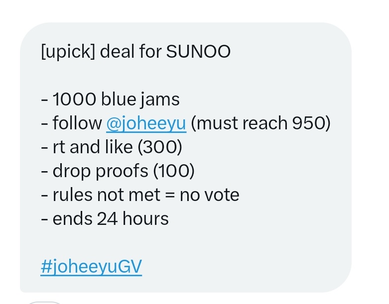 heesodear's tweet photo. [upick] deal for SUNOO

-1000 blue jams
-follow @joheeyu (must reach 950)
-rt and like (300)
-drop proofs (100)
-rules not met = no vote
-ends 24 hours

#joheeyuGV https://t.co/LRCyvMn4Ez
