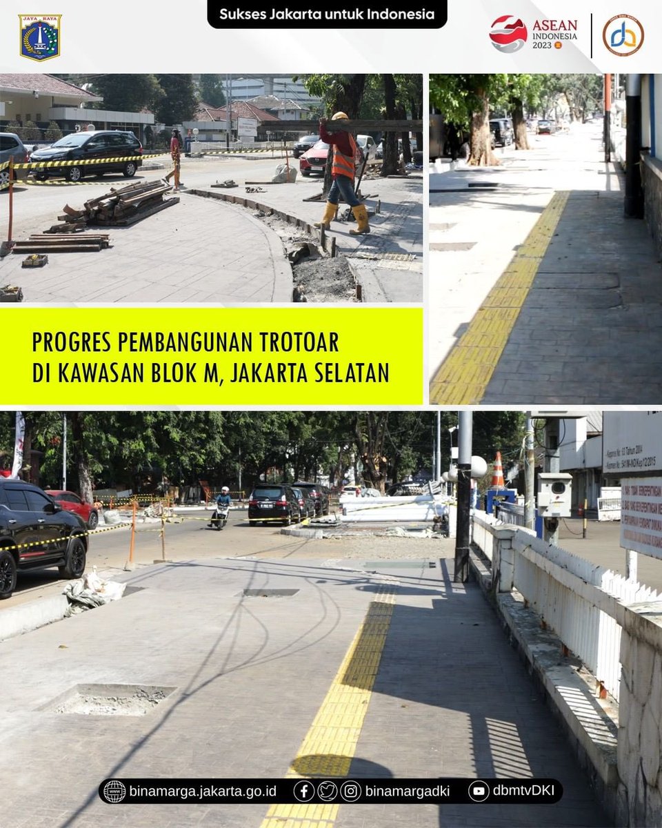 DKIJakarta's tweet photo. Pemprov DKI Jakarta melalui Dinas Bina Marga terus melakukan pemeliharaan dan revitalisasi infrastruktur kota di wilayah DKI Jakarta.

Pemeliharaan dan revitalisasi dilakukan di kawasan yang menjadi akses atau berdekatan dengan Gelora Bung Karno yang akan menjadi salah satu lokasi diselenggarakannya KTT ASEAN INDONESIA 2023. 

Salah satu revitalisasi dilakukan pada trotoar di kawasan Blok M, Jakarta Selatan. Revitalisasi dilakukan agar pejalan kaki dapat lebih aman dan nyaman saat melintas di trotoar.

Lantas, seperti apa progres revitalisasi trotoar di kawasan Blok M, Jakarta Selatan? Simak infografis di atas ya.

Sumber: @BinaMargaDKI 

#DKIJakarta #SuksesJakartauntukIndonesia #JagaJakarta #ASEANEpicentrumofgrowth #BinaMargaDKI #Trotoar #PejalanKaki #BlokM #GeloraBungKarno #GBK #JakartaSelatan