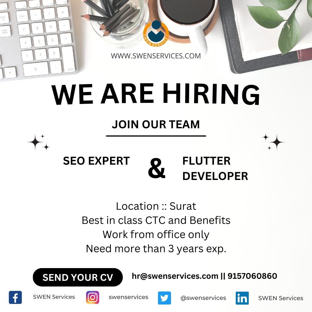 Swenservices's tweet image. #flutterdevelopers #seoexecutive
#hiringimmediately #jobalerts
#grabtheopportunity to join best in class #it and #software Company
#location :: #surat
#call or #share your #cv on 9157060860 for more details.
#freejobs with #swenservices #nocommission #nocharges #nofees