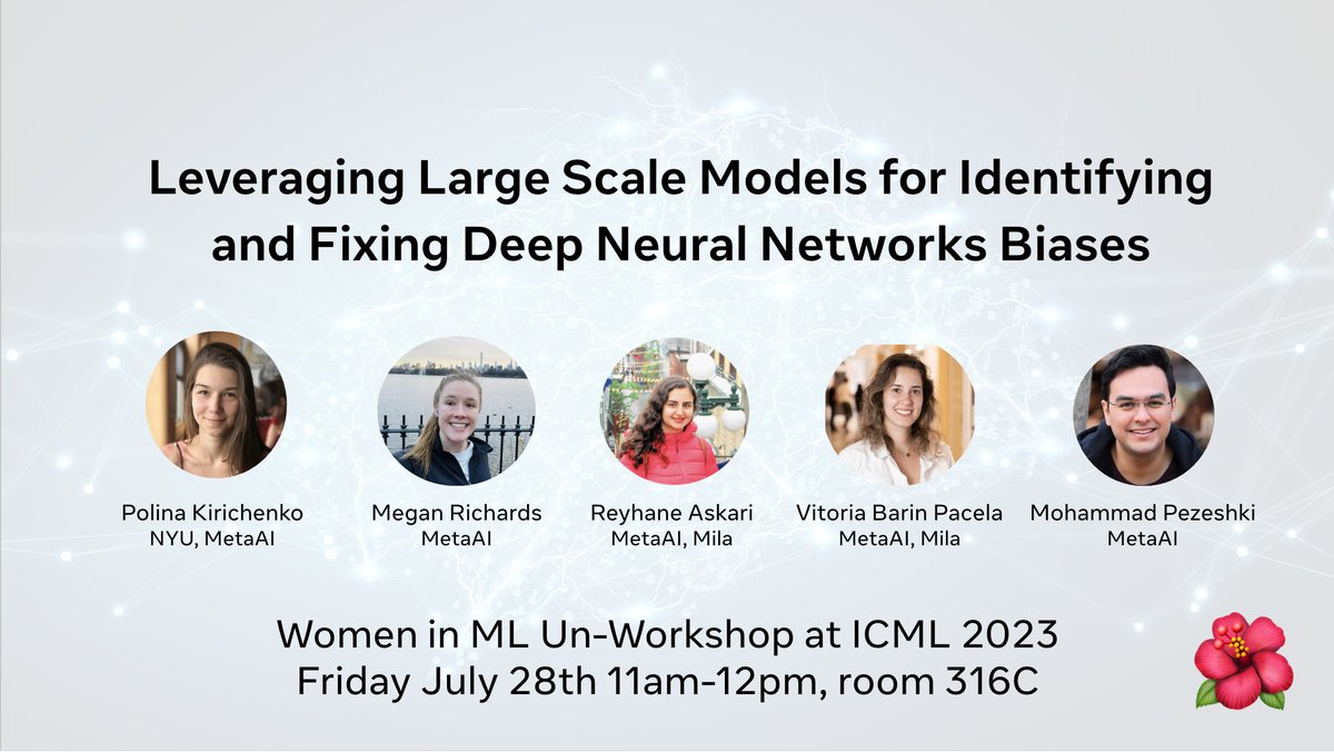 Polina Kirichenko (@polkirichenko) on Twitter photo Join our breakout discussion session "Leveraging Large Scale Models for Identifying and Fixing Deep Neural Networks Biases" at <a href="/WiMLworkshop/">WiML</a> <a href="/icmlconf/">ICML Conference</a>
tomorrow Friday July 28, 11am in room 316C, with <a href="/megan_richards_/">Megan Richards</a> <a href="/ReyhaneAskari/">Reyhane Askari</a> <a href="/vpacela/">Vitória Pacela</a> <a href="/mpezeshki91/">Mohammad Pezeshki</a>! #ICML2023 <a href="/trustworthy_ml/">Trustworthy ML Initiative (TrustML)</a> Join our breakout discussion session "Leveraging Large Scale Models for Identifying and Fixing Deep Neural Networks Biases" at <a href="/WiMLworkshop/">WiML</a> <a href="/icmlconf/">ICML Conference</a>
tomorrow Friday July 28, 11am in room 316C, with <a href="/megan_richards_/">Megan Richards</a> <a href="/ReyhaneAskari/">Reyhane Askari</a> <a href="/vpacela/">Vitória Pacela</a> <a href="/mpezeshki91/">Mohammad Pezeshki</a>! #ICML2023 <a href="/trustworthy_ml/">Trustworthy ML Initiative (TrustML)</a>