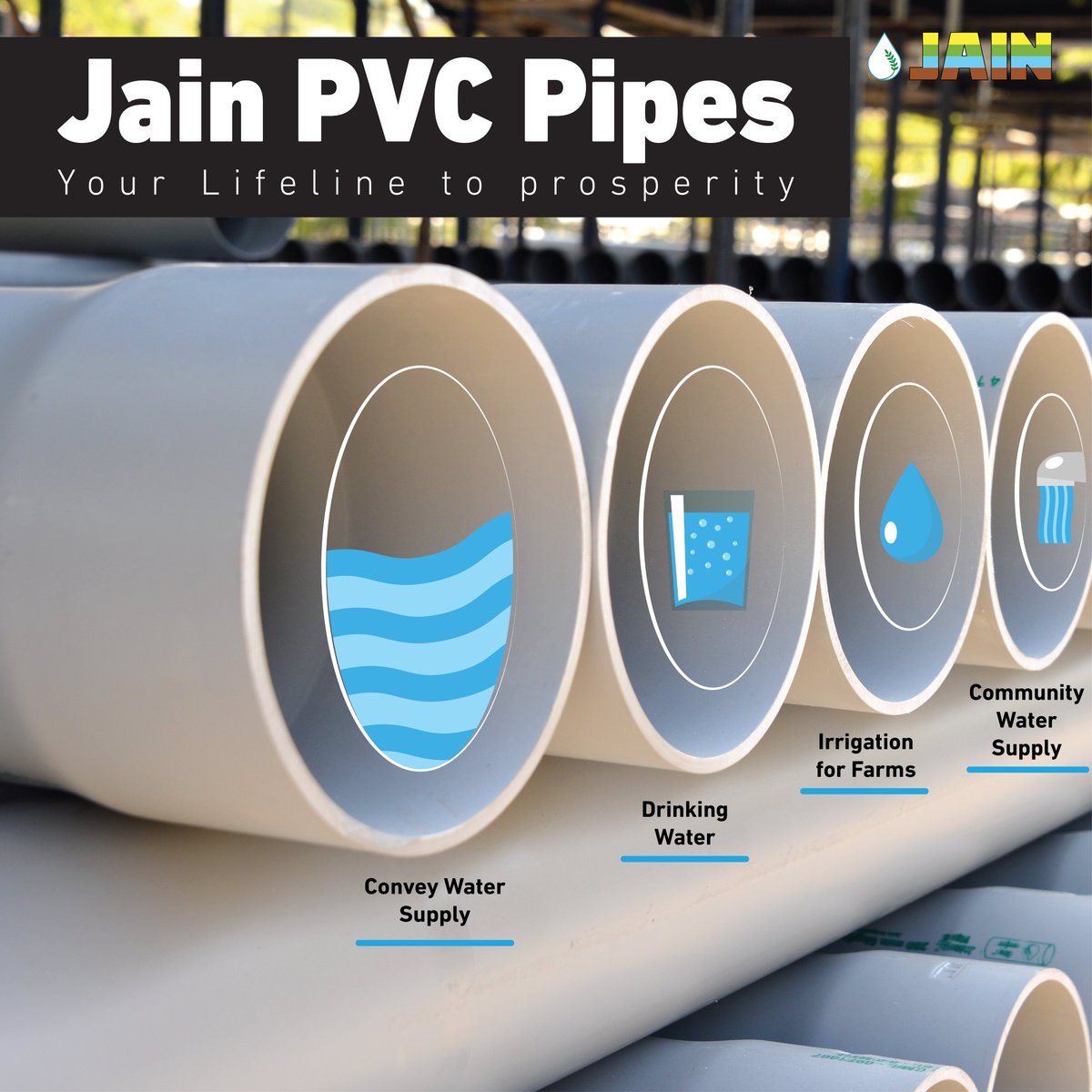 Jainpipes's tweet photo. Discover the extraordinary &amp; versatile #JainPVCPipes! 💧🌱🌧️🏭❄️⚡️

✅Potable water supply 💧
✅Irrigation - Lift/Gravity 🌱
✅Rainwater harvesting 🌧️
✅Industrial process lines 〰️
✅Chemical conveyance 🏭
✅Cooling Tower &amp; Hydropower station ❄️⚡️

#JainPipes #VersatilePipes https://t.co/GvXTho2wQz