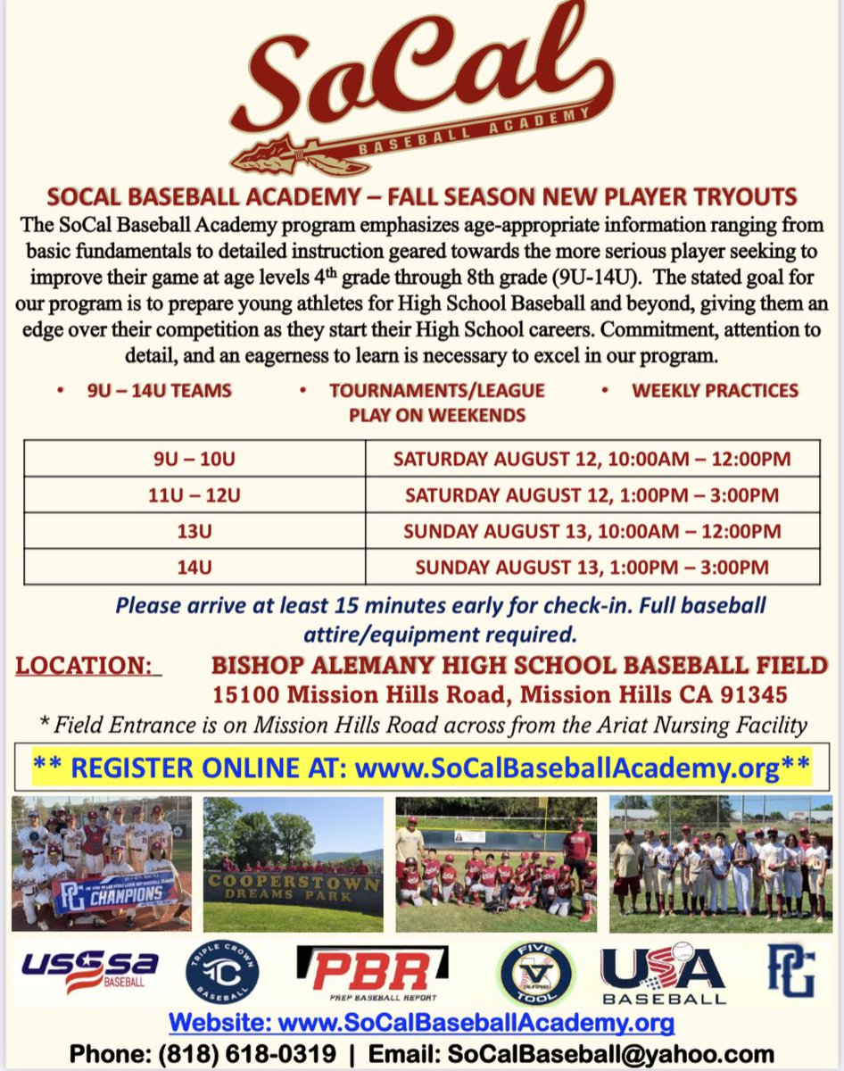 SoCalBBAcademy's tweet photo. 🚨 Fall Season 9U-14U Baseball Tryouts 8/12 &amp; 8/13 ⚾️ https://t.co/57hPxdZRwZ