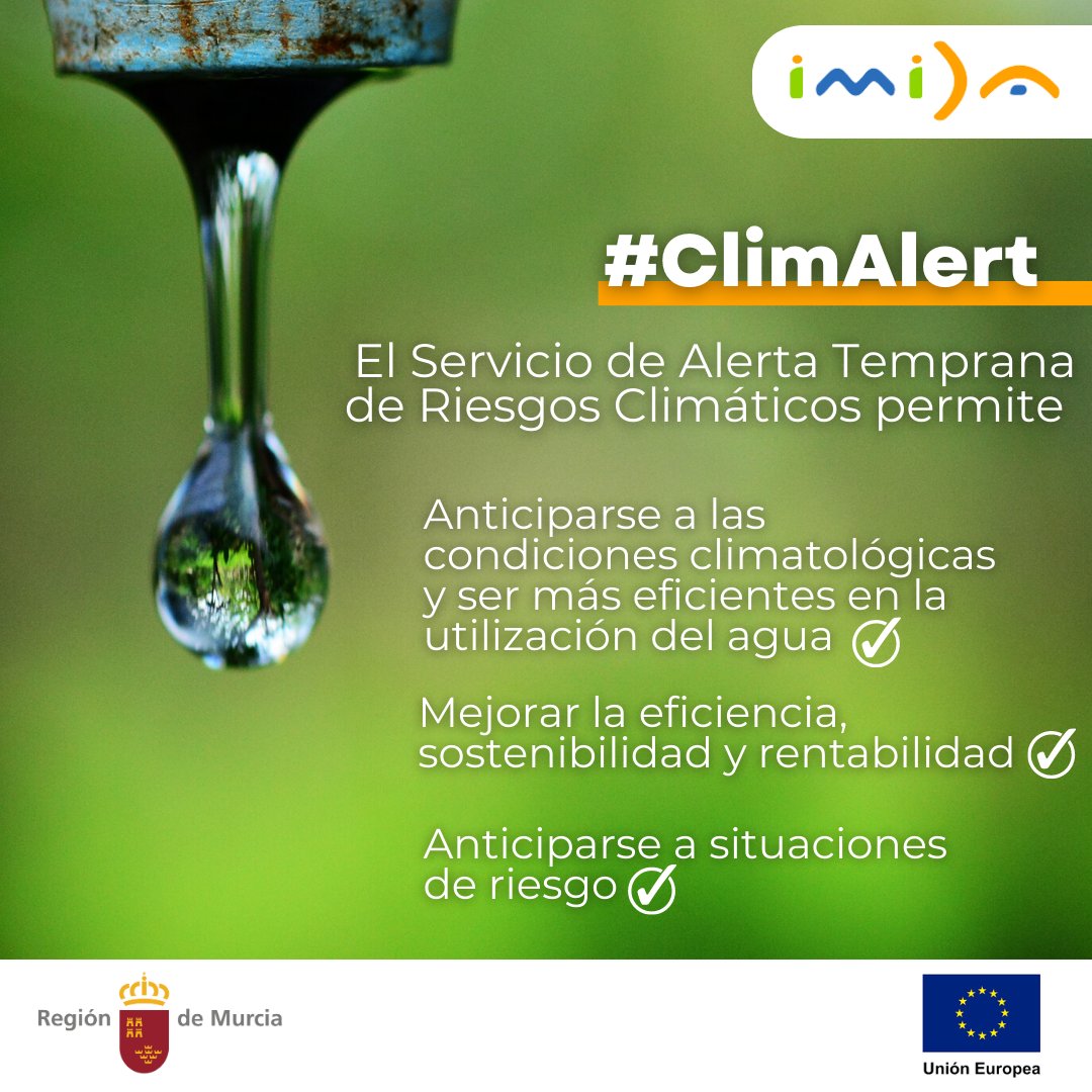 imida_murcia's tweet photo. El proyecto #ClimAlert, en el que participan los profesionales del @imida_murcia, permite anticiparse a las condiciones climatológicas y ser más eficientes en la utilización del agua, mejorar la eficiencia, sostenibilidad y rentabilidad y anticiparse a situaciones de riesgo 💧 https://t.co/Fe2Gc6BTDS