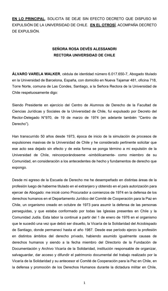 niko_sepulveda's tweet photo. El abogado Álvaro Varela Walker, que cumplió un rol clave en la Vicaría, solicitó formalmente a la rectora de la @uchile, Rosa Devés, dejar sin efecto el decreto con que la dictadura lo expulsó en 1974. Es uno de muchos casos que cobran especial relevancia a 50 años del golpe. https://t.co/XEJBR7yuao