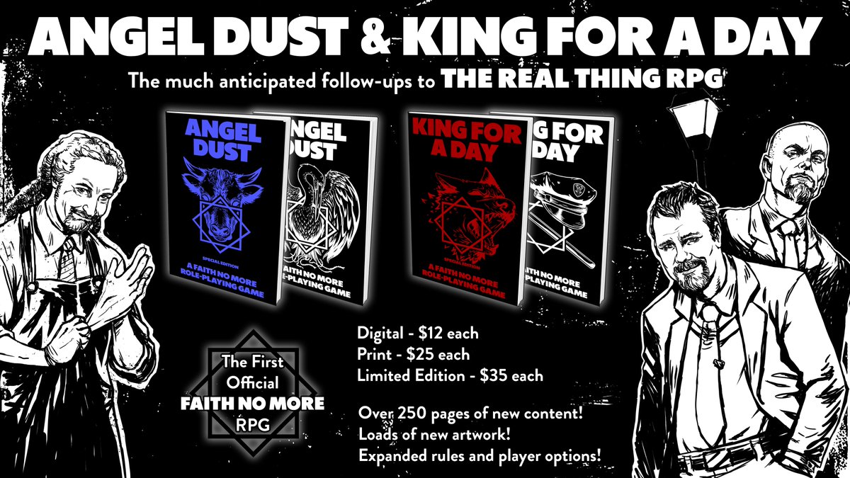 Our friends over at Accidental Cyclops @ThingRpg who originally released THE REAL THING RPG in 2022 are back with not one, but two new RPG games based on ANGEL DUST & KING FOR A DAY. Hit the link to get your game on. backerkit.com/c/accidental-c…