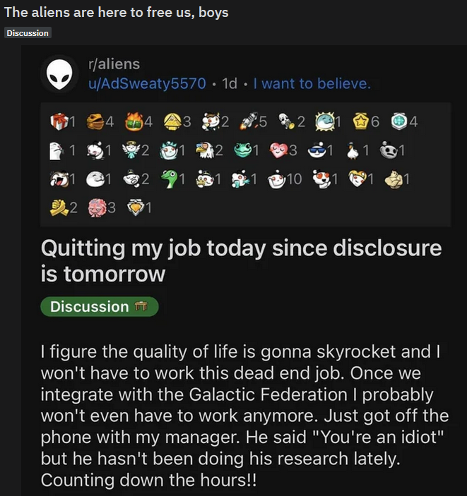 juicejones77's tweet photo. I didn't need aliens to quit my job. 🛸👾👽 https://t.co/cDyRE7USTS