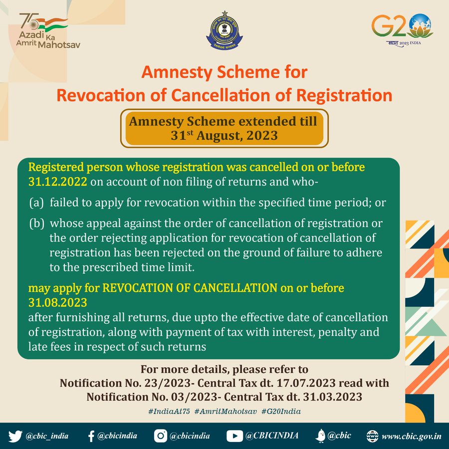 Time Limit Extension for Revocation of Cancellation of Registration under Amnesty Scheme
