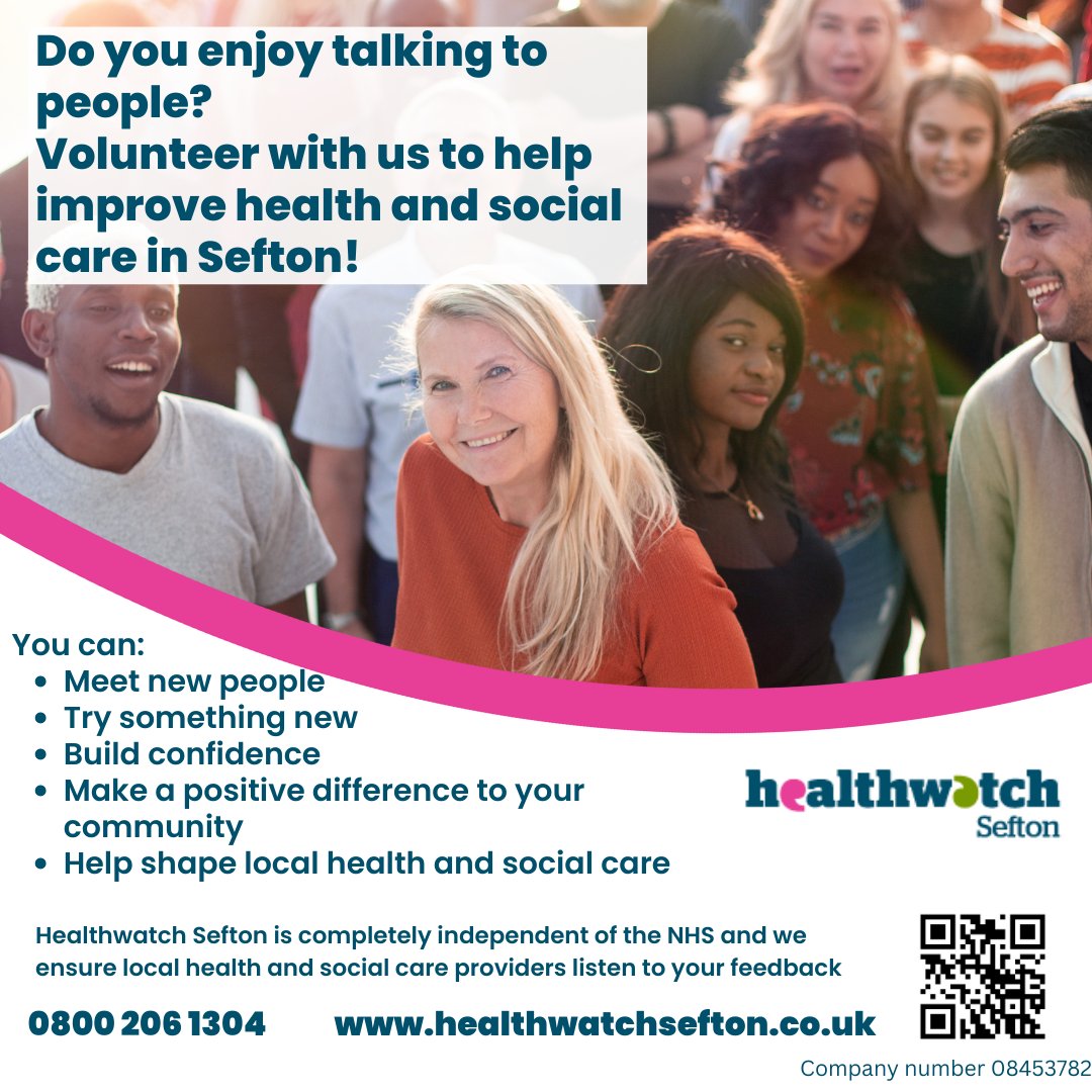 Volunteer with Healthwatch Sefton! We are looking for local residents who would like to volunteer their time to support us!

Do you live in the following areas of Sefton:

#Hightown
#Seaforth &amp; #Litherland
#netherton 

Please see here for more info buff.ly/3vUy6uJ