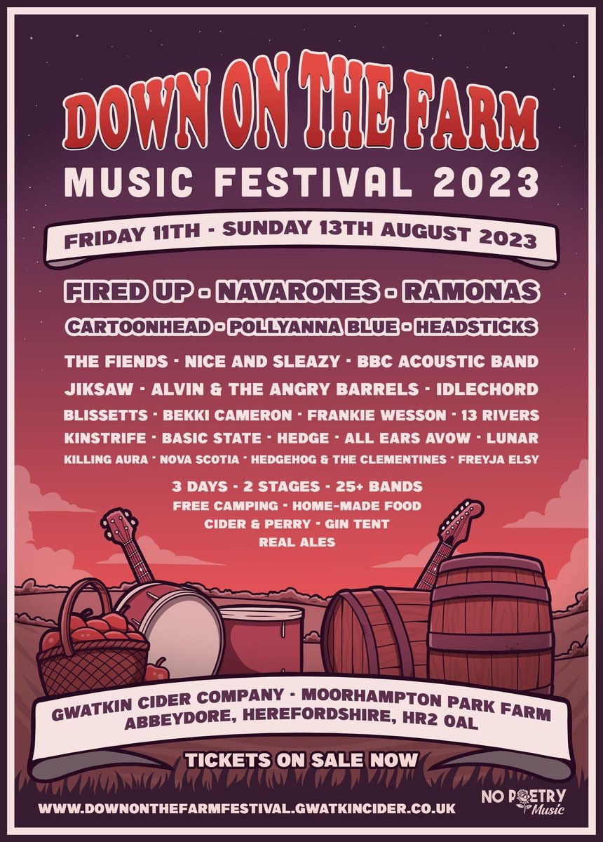 This year’s festival - our tenth. 
On a cider farm
In the picturesque Golden Valley in Herefordshire
FREE weekend camping with your ticket. And hopefully some sun again, remember that?
And and and a weekend ticket is only £60 plus booking fee

musicglue.com/down-on-the-fa…