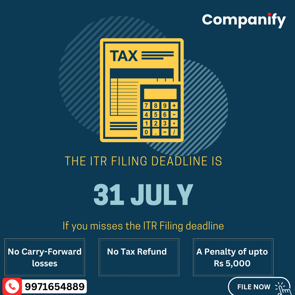 companify's tweet photo. File Your ITR
The ITR Filing Deadline Is 31 JULY.

For More Details:-
Call us: +91 8595901373, 9971654889
Mail us: info@companify.in
Website: https://t.co/fKQfh4romW

#companify #itr #fileitr #incometaxindia #incometaxreturn #filing 

 #WorldNatureConservationDay https://t.co/8wlmQbB3Aw