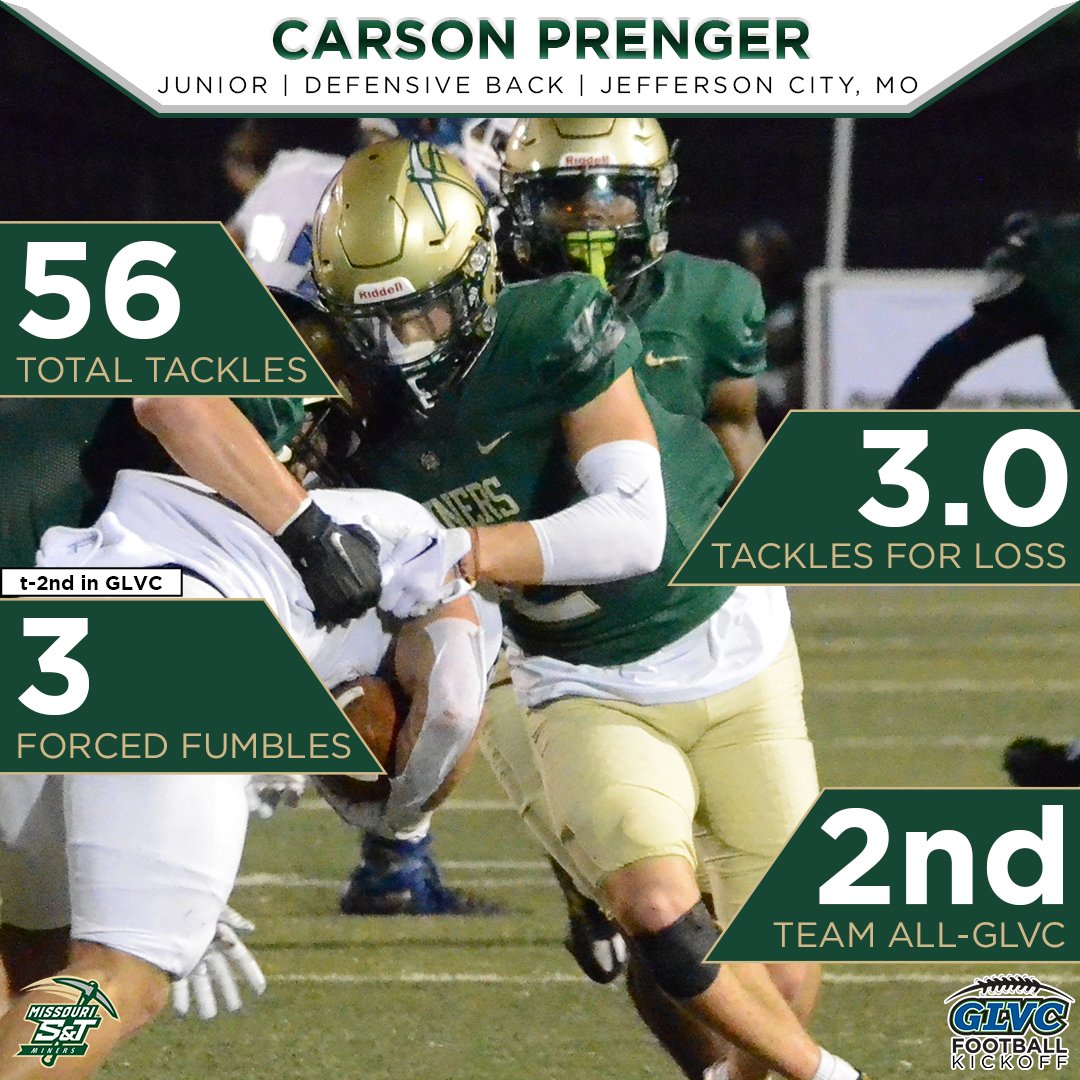 GLVCsports's tweet photo. 🏈 @Miners_FB Def. Attendee: 𝘋𝘉 𝘾𝘼𝙍𝙎𝙊𝙉 𝙋𝙍𝙀𝙉𝙂𝙀𝙍

Prenger flew around the Miners' secondary during his sophomore season, forcing 3️⃣ fumbles and recording 5️⃣6️⃣ tackles.

#GLVCkickoff | #GLVCfb | @minersports https://t.co/y2hkDU8lkf
