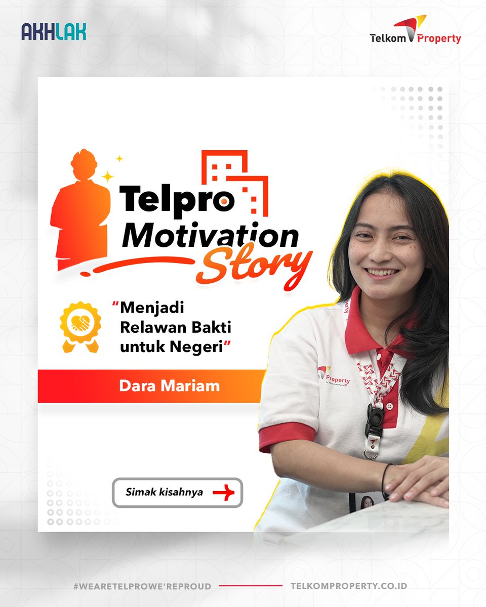 _telkomproperty's tweet photo. Sebagai bentuk dedikasi untuk negeri, Dara Mariam berkeinginan membantu masyarakat melalui program relawan BUMN.
Yuk, simak kisahnya~ We Are Telpro, We're Proud!
#TelkomProperty
#TechLedPropertyCompany
#WeAreTelproWeAreProud https://t.co/oTEvFqtTJA