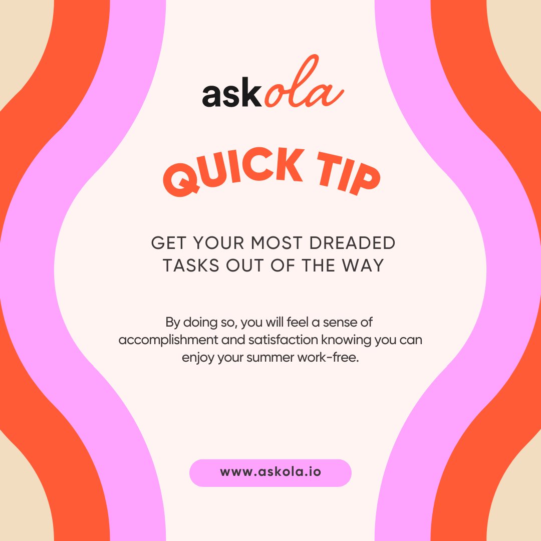 askOLA_io's tweet photo. Our advice is not to leave work until last minute. Instead, try to work at it most days for a short period of time. That way it'll be finished in no time and you can enjoy your summer stress-free. Work smarter, not harder! https://t.co/VUw6gekVas