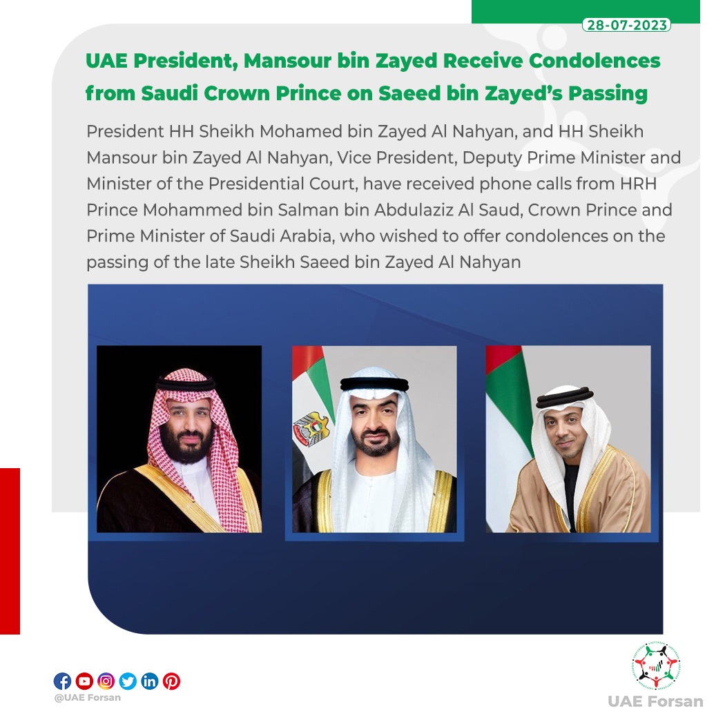 UAE_Forsan's tweet photo. UAE President, Mansour bin Zayed Receive Condolences from Saudi Crown Prince on Saeed bin Zayed’s Passing
#UAE #SaeedBinZayed #SheikhSaeed #سعيد_بن_زايد
@MohamedBinZayed
@HHMansoor
@UAEEmbassyKSA https://t.co/Qc68Zx6hGB