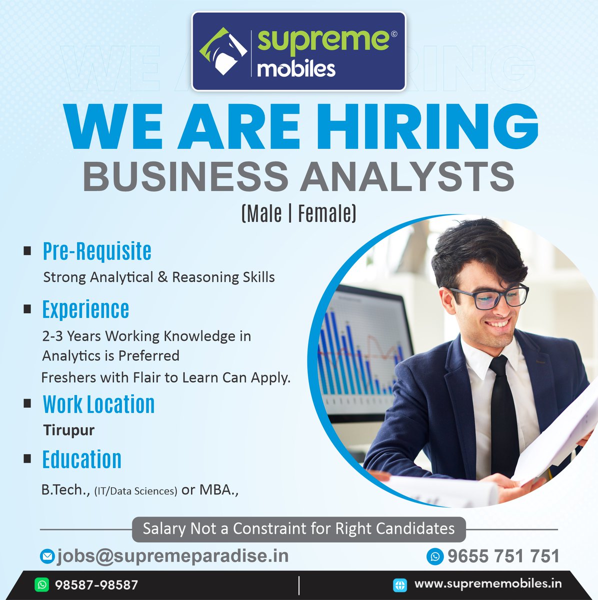 We are Hiring

Business Analysts

Send Your CV to jobs@supremeparadise.in

For Details: 9655751751

#Suprememobiles #jobs #jobseekers #jobs #jobs2023 #jobsearch #jobshiring #jobsearching #wearehiring #wearehiringnow #wearehiringnow‼️ #wearehiringportunities #tirupur #tirupurnews