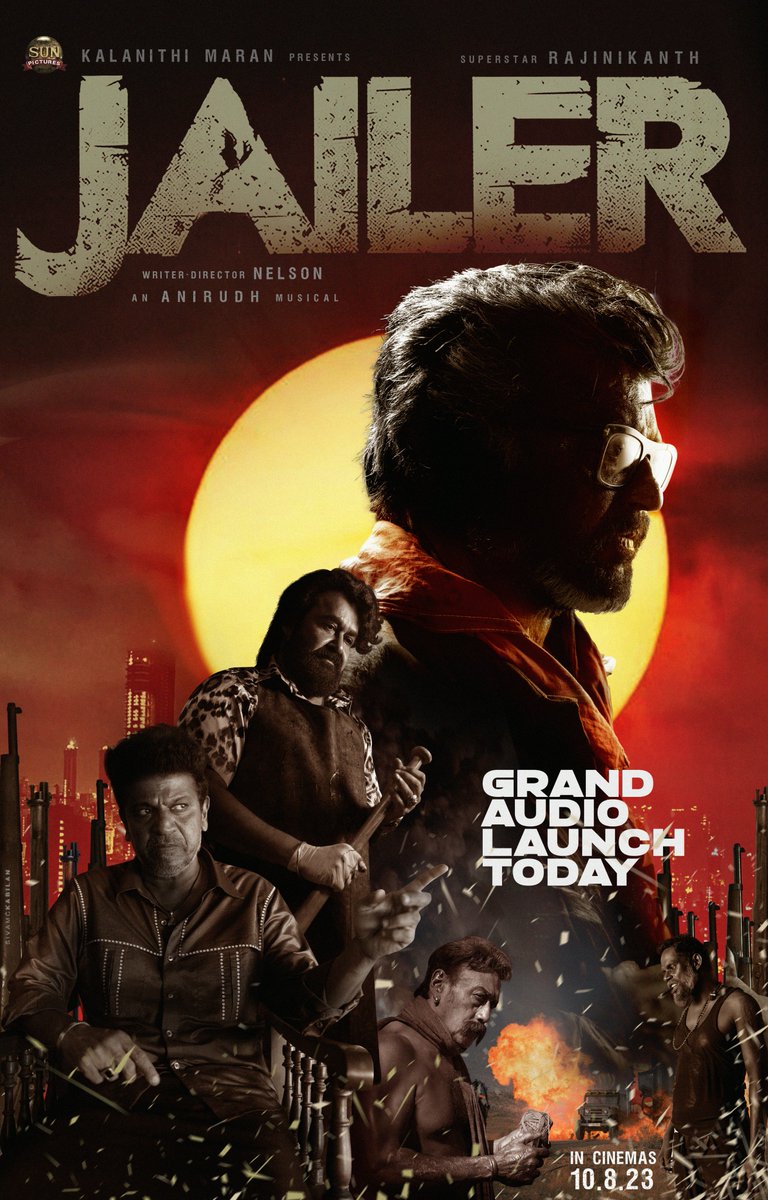 The day is here! Are you ready? 🔥💥 #JailerAudioLaunch @rajinikanth @Nelsondilpkumar @anirudhofficial @Mohanlal @NimmaShivanna @bindasbhidu @tamannaahspeaks @meramyakrishnan @suneeltollywood @iYogiBabu @iamvasanthravi #Jailer