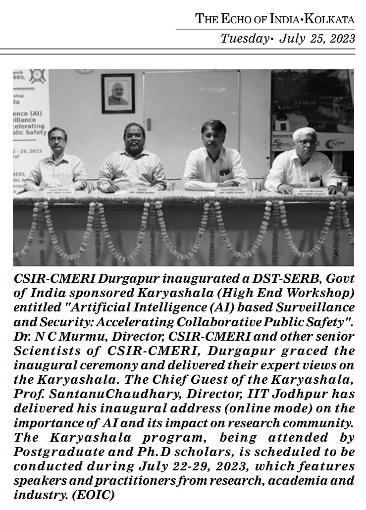 CSIR_CMERI's tweet photo. Media covers news of DST-SERB sponsored High End #Workshop Karyashala on “Artificial Intelligence (AI) based Surveillance and Security: Accelerating Collaborative Public Safety” being conducted during 22nd-29th July, 2023 at @CSIR_CMERI 👇
https://t.co/47xGF3smHY https://t.co/agVpH6whTC